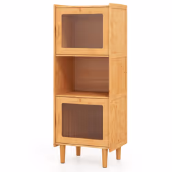 130cm Kitchen Bamboo Sideboard 3-Cube Display Cabinet Bookcase w/ 2 Acrylic Doors