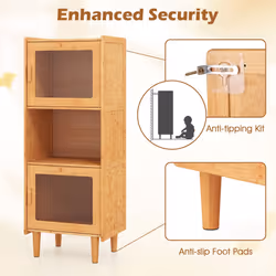 130cm Kitchen Bamboo Sideboard 3-Cube Display Cabinet Bookcase w/ 2 Acrylic Doors