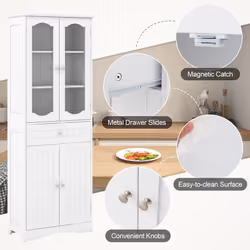 160cm Tall Bathroom Cabinet Freestanding Kitchen Pantry Cabinet with 2 Glass Doors
