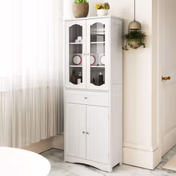 160cm Tall Bathroom Cabinet Freestanding Kitchen Pantry Cabinet with 2 Glass Doors