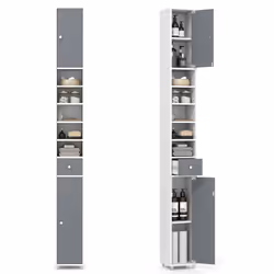 180 cm Bathroom Tall Slim Cabinet Freestanding Storage Cabinet w/ Drawer-Grey & White
