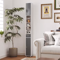 180 cm Bathroom Tall Slim Cabinet Freestanding Storage Cabinet w/ Drawer-Grey & White