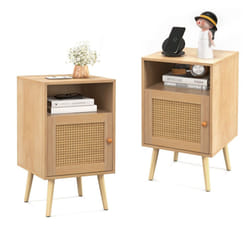 2 Pack Rattan Nightstand Bedside Table Wooden End Table w/ Storage Cabinet