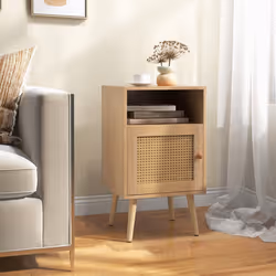 2 Pack Rattan Nightstand Bedside Table Wooden End Table w/ Storage Cabinet