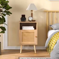 2 Pack Rattan Nightstand Bedside Table Wooden End Table w/ Storage Cabinet
