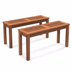 2 PCS 100cm Patio Solid Wood Bench 2-Person Dining Bench w/ Slatted Seat