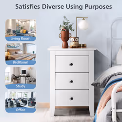 2 Pcs Bedside Table Wooden Nightstand End Side Table w/ 3 Drawers-White