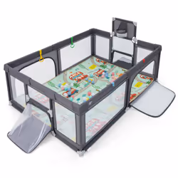 207 x 142 cm Large Baby Playpen Safe Play Yard w/ Basketball Hoop & Mat-Dark Grey