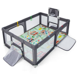 207 x 142 cm Large Baby Playpen Safe Play Yard w/ Basketball Hoop & Mat-Dark Grey