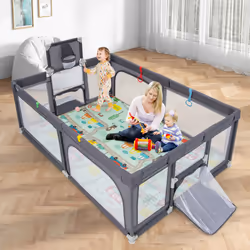 207 x 142 cm Large Baby Playpen Safe Play Yard w/ Basketball Hoop & Mat-Dark Grey