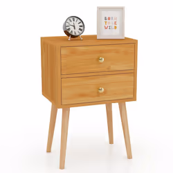 2-Drawer Sofa Side Bedside Table w/ Solid Wood Legs-Natural