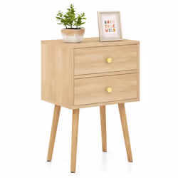 2-Drawer Sofa Side Bedside Table w/ Solid Wood Legs-Oak