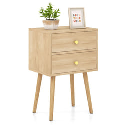 2-Drawer Sofa Side Bedside Table w/ Solid Wood Legs-Oak