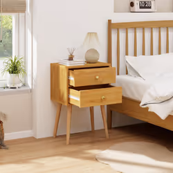 2-Drawer Sofa Side Bedside Table w/ Solid Wood Legs-Oak