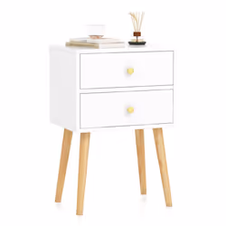 2-Drawer Sofa Side Bedside Table w/ Solid Wood Legs-White