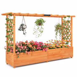 2M Raised Garden Bed Fir Wood Climbing Planter Box w/ 2-Sided Trellis