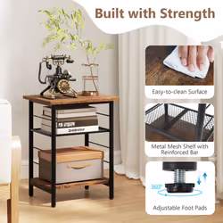 2PCS Industrial End Table Height Adjustable 3-Tier Side Table-Brown