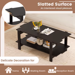 2-Tier Coffee Table Slatted Wood Center Table with Storage Shelf-Black
