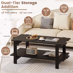 2-Tier Coffee Table Slatted Wood Center Table with Storage Shelf-Black