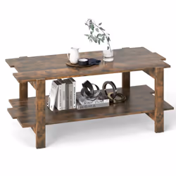 2-Tier Coffee Table Slatted Wood Center Table with Storage Shelf-Walnut