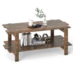 2-Tier Coffee Table Slatted Wood Center Table with Storage Shelf-Walnut