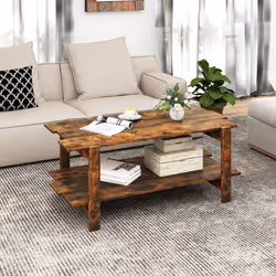 2-Tier Coffee Table Slatted Wood Center Table with Storage Shelf-Walnut