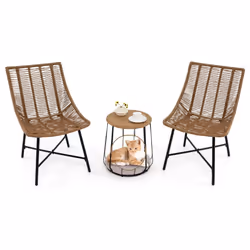3 Pcs Outdoor Bistro Set with Pet House Metal Frame Patio Chairs w/ Coffee Table