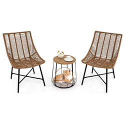 3 Pcs Outdoor Bistro Set with Pet House Metal Frame Patio Chairs w/ Coffee Table