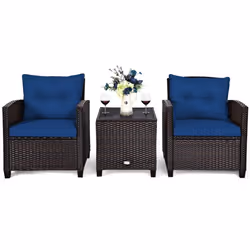 3 Pcs Patio Rattan Sofa Chair & Table Set Outdoor Wicker Bistro Set-Navy
