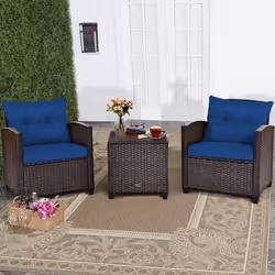 3 Pcs Patio Rattan Sofa Chair & Table Set Outdoor Wicker Bistro Set-Navy