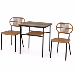 3 Piece Patio Dining Set 2 Varied-Size Stackable Rattan Chairs-Natural