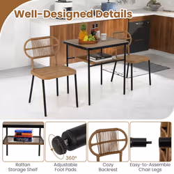 3 Piece Patio Dining Set 2 Varied-Size Stackable Rattan Chairs-Natural