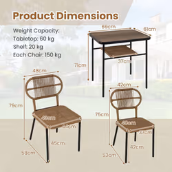 3 Piece Patio Dining Set 2 Varied-Size Stackable Rattan Chairs-Natural