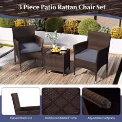 3 Pieces Patio Furniture Set Outdoor PE Rattan Wicker Chairs-Grey