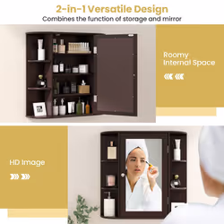 3 Tier Mirrored Bathroom Cabinet Wall Mount Storage Cupboard-Brown