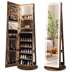 360 Swivel Jewelry Cabinet Lockable Jewelry Makeup Armoire w/ LED Lights