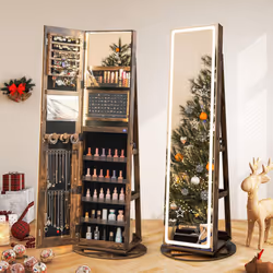 360 Swivel Jewelry Cabinet Lockable Jewelry Makeup Armoire w/ LED Lights