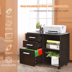 3-Drawer File Cabinet Mobile Printer Stand Lateral Filing Cabinet W/ Hanging Bars