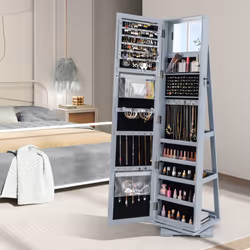 3-in-1 Jewelry Cabinet 360 Swivel Mirrored Jewelry Armoire-Grey