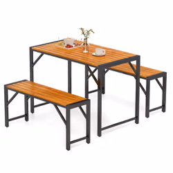 3-Pieces Patio Dining Set 110cm Acacia Wood Table & 2 Benches Indoor Outdoor