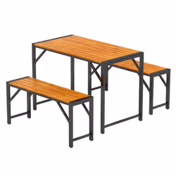 3-Pieces Patio Dining Set 110cm Acacia Wood Table & 2 Benches Indoor Outdoor