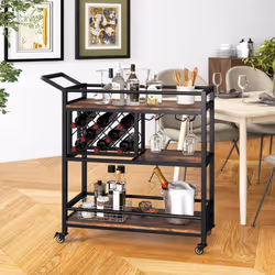 3-Tier Bar Cart Industrial Serving Cart Kitchen Rolling Cart w/Wine Racks