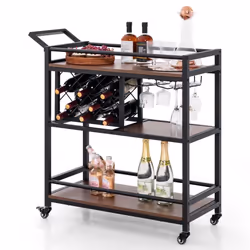 3-Tier Bar Cart Industrial Serving Cart Kitchen Rolling Cart w/Wine Racks
