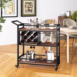 3-Tier Bar Cart Industrial Serving Cart Kitchen Rolling Cart w/Wine Racks