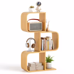 3-Tier S-Shaped Bookcase Bamboo Bookshelf w/ 3 Open Cubes-Natural