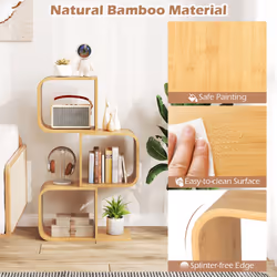 3-Tier S-Shaped Bookcase Bamboo Bookshelf w/ 3 Open Cubes-Natural