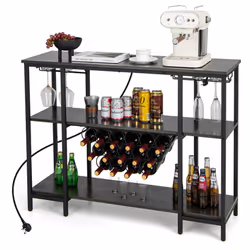 3-tier Wine Bar Cabinet Industrial Wine Rack with Storage Shelves Glass Holder
