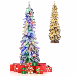 4 FT Pre-Lit Artificial Christmas Tree Snow-Flocked Slim Pencil Christmas Tree