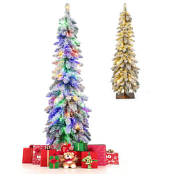 4 FT Pre-Lit Artificial Christmas Tree Snow-Flocked Slim Pencil Christmas Tree