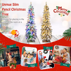4 FT Pre-Lit Artificial Christmas Tree Snow-Flocked Slim Pencil Christmas Tree